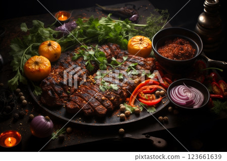 grilled meat and greens and herbs cooked on fire as a barbecue, roast in a frying pan, delicious food grilled meat and greens and herbs cooked on fire as a barbecue, roast in a frying pan, delicious food 123661639