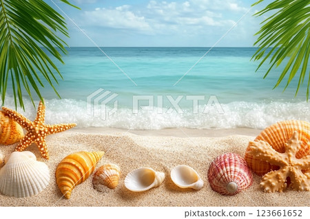 Tropical beach with various shells in sand, copyspace for text. Concept of summer relaxation Tropical beach with various shells in sand, copyspace for text. Concept of summer relaxation 123661652