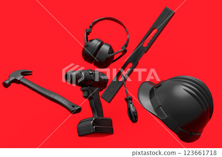 Flying view of monochrome construction tools for repair on red background 123661718
