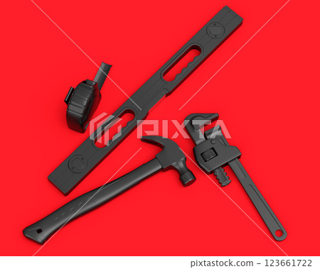 Top view of monochrome construction tools for repair on red background 123661722