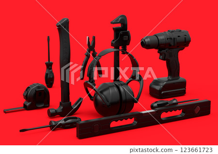 Top view of monochrome construction tools for repair on red background Top view of monochrome construction tools for repair on red background 123661723