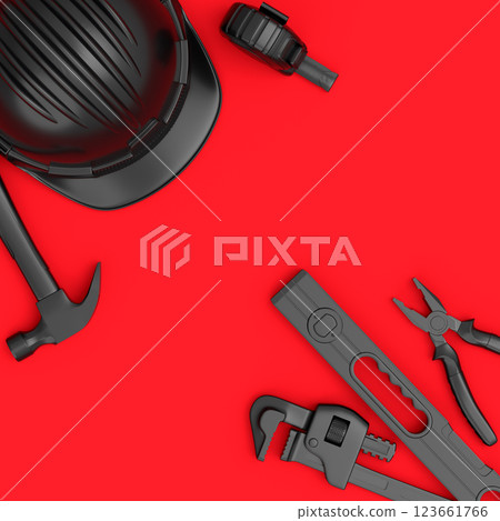 Top view of monochrome construction tools for repair on red background 123661766