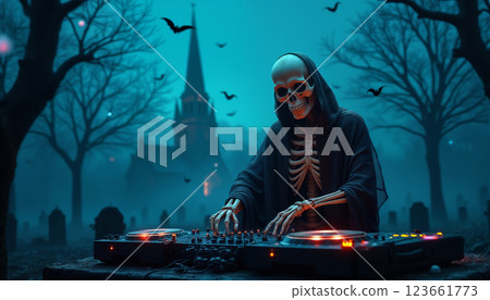 A skeleton DJ in a hoodie, making a party and playing on the DJ console, in a cemetery at night, against the background of a gloomy environment of nature and an old church 123661773