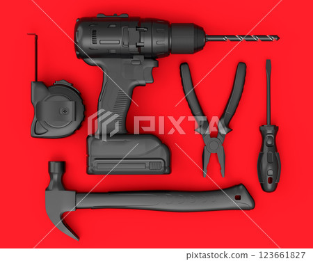Top view of monochrome construction tools for repair on red background Top view of monochrome construction tools for repair on red background 123661827