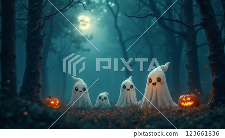A group of cute ghosts in the forest at night celebrating Halloween, moonlight, autumn nature 123661836