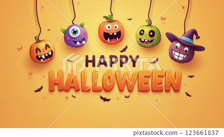 illustration of Halloween decorations with pumpkins and monster faces on a yellow color background 123661837