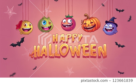 illustration of Halloween decorations with pumpkins and monster faces on a pink color background 123661839