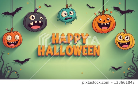 illustration of Halloween decorations with pumpkins and monster faces on a green color background 123661842