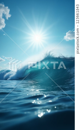 a beautiful ocean wave with splashes and the sun on a blue sky background, a heavenly seascape 123661843