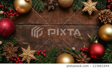Christmas decorations and gifts as frame, top view with blank space, background for new year celebrations, winter fairy tale 123661844