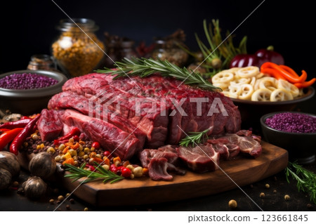 raw sliced meat and vegetables and herbs on a wooden board, delicious food 123661845