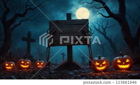 the skeleton's hands hold a sign at the entrance to the cemetery, moonlight and a fabulous atmosphere in a dark forest, pumpkins and bats, a gloomy Halloween setting 123661846