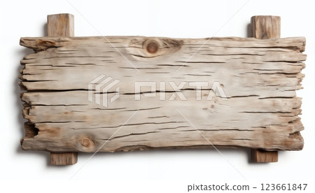 an empty wooden sign board, on a white background, old and weathered plaque 123661847