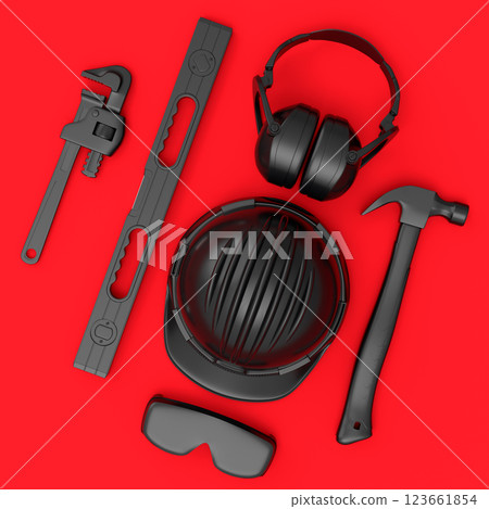 Top view of monochrome construction tools for repair on red background 123661854