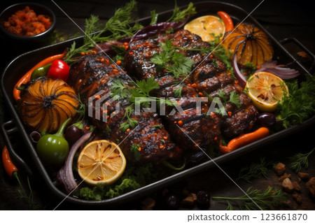 grilled meat and vegetables and herbs cooked on fire as a barbecue, roast in a frying pan, delicious food 123661870