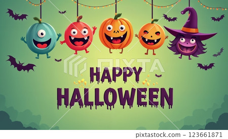 illustration of Halloween decorations with pumpkins and monster faces on a green color background illustration of Halloween decorations with pumpkins and monster faces on a green color background 123661871