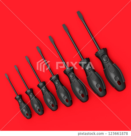 Set of black and monochrome screwdriver on red background Set of black and monochrome screwdriver on red background 123661878