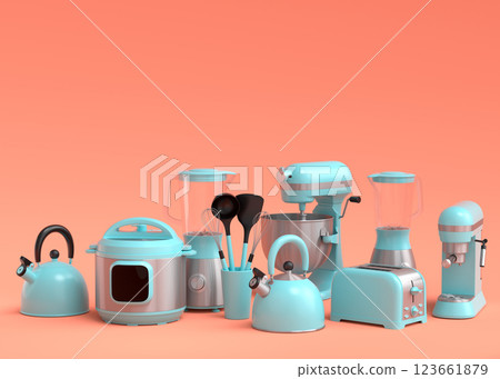 Electric kitchen appliances and utensils for making breakfast on orange Electric kitchen appliances and utensils for making breakfast on orange 123661879