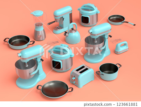 Kitchen appliances and utensils for making breakfast on orange background Kitchen appliances and utensils for making breakfast on orange background 123661881