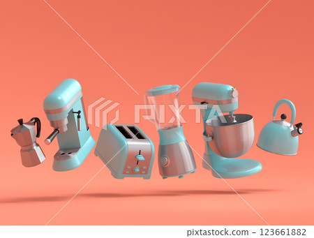 Kitchen appliances and utensils for making breakfast on orange background 123661882