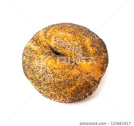 Poppy Seed Bagel Isolated, One Round Bread Bun, Poppyseed Wheat Bakery for Breakfast 123661917