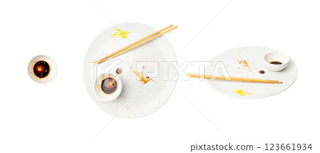 Spilled Soy Sause Leftovers Isolated, Teriyaki Drops on White Plate, Oyster Sauce Smear Texture 123661934