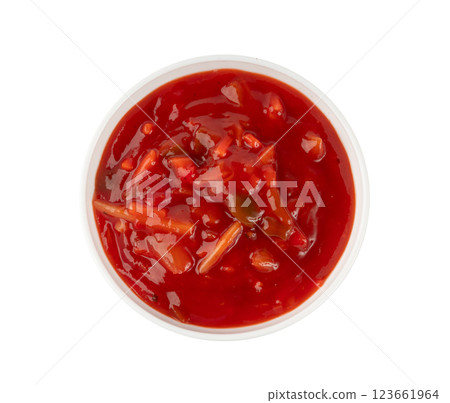 Tomato sauce with vegetables isolated, red sweet and sour pasta marinara sauce, mexican dip smear Tomato sauce with vegetables isolated, red sweet and sour pasta marinara sauce, mexican dip smear 123661964