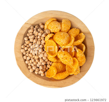Hummus chickpea chips, chick pea crisps pile, healthy orange snack, fried legume crunchies 123661972