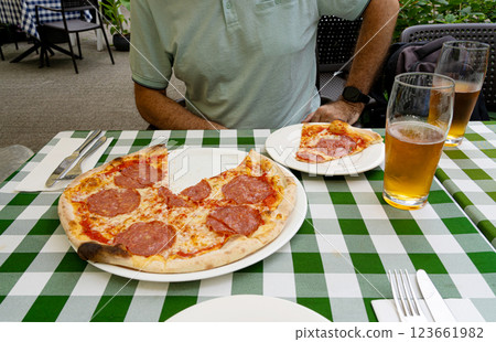 Pepperoni Pizza on Restaurant Plate, Salami Pizza with Olives, Tomatoes and Mozzarella Cheese 123661982