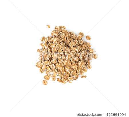 Spelt flakes isolated, dry raw rolled flat oat grains, wheat, oatmeal or bran, barley rye cereals Spelt flakes isolated, dry raw rolled flat oat grains, wheat, oatmeal or bran, barley rye cereals 123661994
