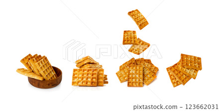 Falling Belgian Waffle Isolated, Flying Square Waffled Cookie, Soft Golden Belgium Waffles 123662031