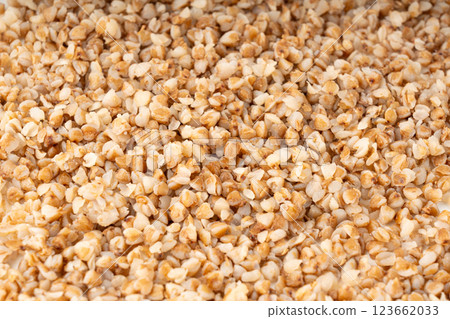 Boiled Buckwheat Texture, Cooked Buck Wheat Grains Pattern, Crumbled Porridge Background Boiled Buckwheat Texture, Cooked Buck Wheat Grains Pattern, Crumbled Porridge Background 123662033