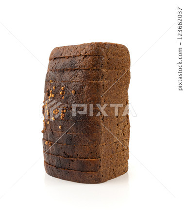 Black rye bread isolated, dark brown sliced loaf, sourdough borodinsky rugbrod square slices 123662037