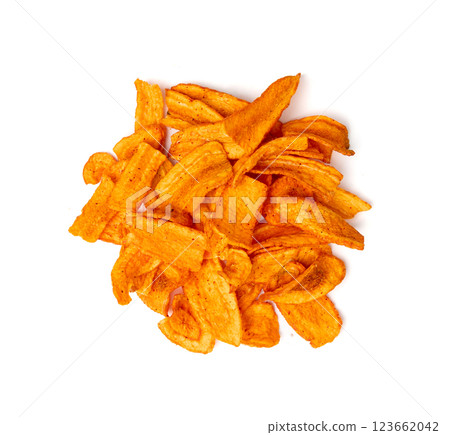 Dry carrot chips isolated, dried sliced red vegetable, healthy crispy snack flakes pile 123662042