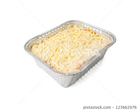 Lasagna portion in aluminium foil tray isolated. Oven baked lasagne for heating, container, airplane food 123662076