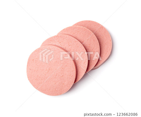 Mortadella Slice Isolated, Luncheon Meat Cut, Chicken Ham, Boiled Sausage for Breakfast Mortadella Slice Isolated, Luncheon Meat Cut, Chicken Ham, Boiled Sausage for Breakfast 123662086