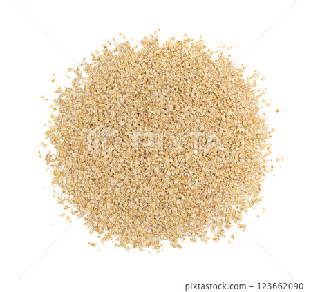 Dry raw oat flakes isolated, rolled flat grains, instant porridge, thin cereals, flattened grains group 123662090