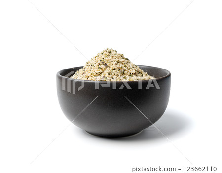 Shelled hemp seeds pile isolated, peeled cannabis grains, marijuana kernels without peel 123662110