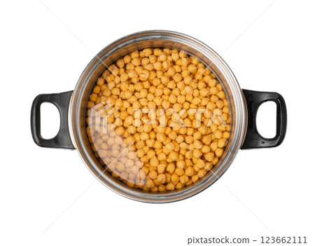 Soaked chickpeas, chick pea in water, swollen wet Cicer arietinum fruits, garbanzo beans cooking 123662111