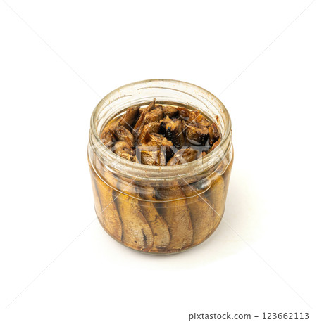 Canned sardine fillet, marinated pilchard, traditional sprat in oil, glass jar 123662113