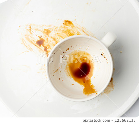 Spilled Soy Sause Leftovers Isolated, Teriyaki Drops on White Plate, Oyster Sauce Smear Texture 123662135