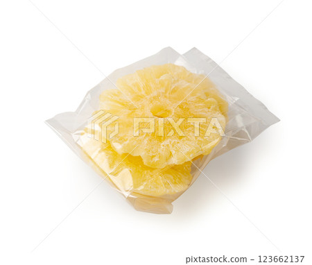 Dry Pineapple Rings Isolated, Candy Pineapples, Dehydrated Yellow Sugar Fruit, Candied Fruits Circles 123662137