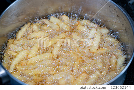 Potatoes in boiling oil, homemade french fries, deep fried potato cooking in metal fryer pot, fat fast food Potatoes in boiling oil, homemade french fries, deep fried potato cooking in metal fryer pot, fat fast food 123662144
