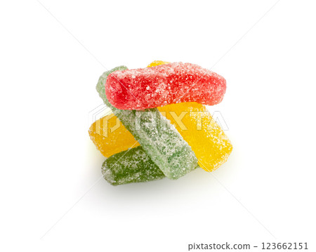Gummy Candy Pile Isolated, Chewing Colorful Marmalade Sticks, Jelly French Fries Heap, Gelatin Candies 123662151