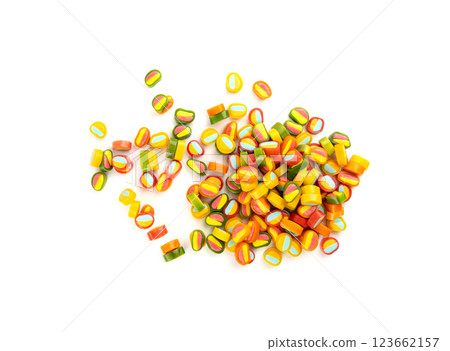 Round gummy candy piles set isolated. Small chewing colorful jellybeans, marmalade cuts, pills Round gummy candy piles set isolated. Small chewing colorful jellybeans, marmalade cuts, pills 123662157