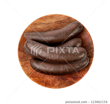 Black pudding isolated, blood sausage kaszanka, traditional Polish terrine, brawn sausages on white Black pudding isolated, blood sausage kaszanka, traditional Polish terrine, brawn sausages on white 123662158