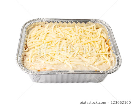 Lasagna portion in aluminium foil tray isolated. Oven baked lasagne for heating, container, airplane food 123662160
