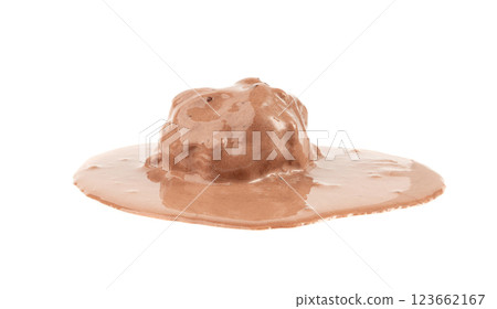 Melted chocolate ice cream isolated, real melting cocoa icecream drops, chocolate ice stain 123662167