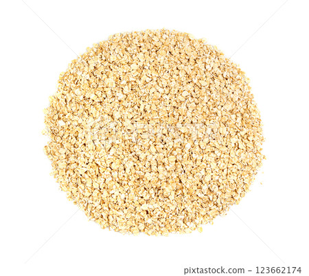 Dry raw oat flakes isolated, rolled flat grains, instant porridge, thin cereals, flattened grains group 123662174
