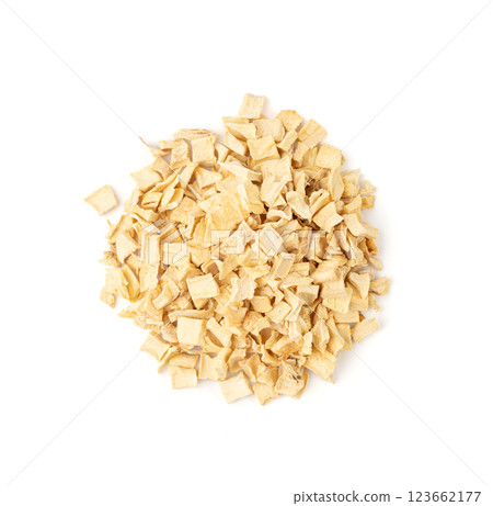 Dry parsley root, dried diced celery cubes, scattered small liquorice pileces, dry vegetable Dry parsley root, dried diced celery cubes, scattered small liquorice pileces, dry vegetable 123662177